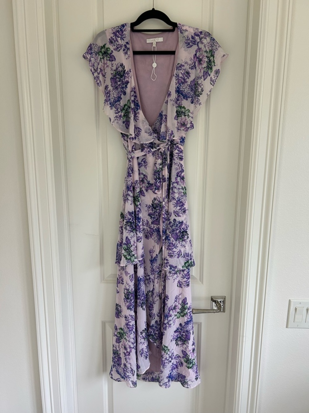 WAYF Lavender Floral Ruffle Wrap Maxi Dress